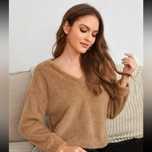 SHEIN PETITE V Neck Drop Shoulder Flannel Pullover